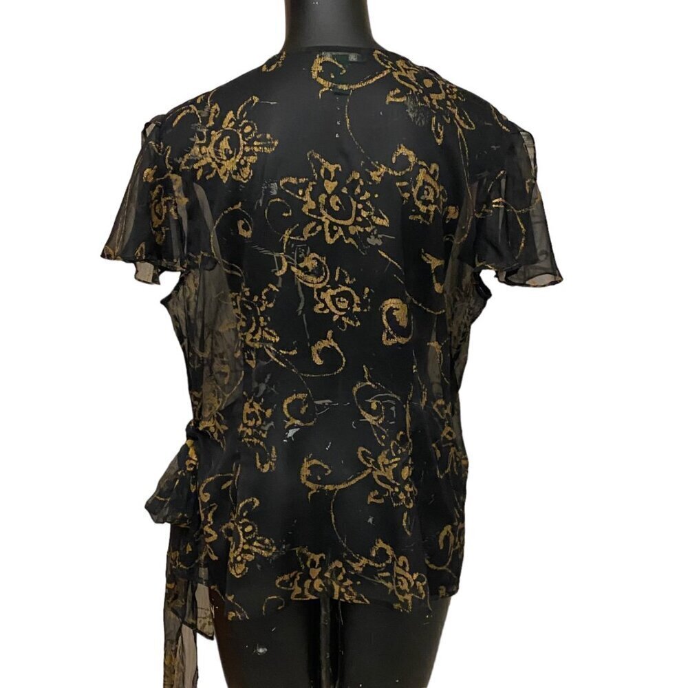 Lauren Ralph Lauren Black Chiffon Gold Floral Print Wrap Top Size 12 - Picture 5 of 7